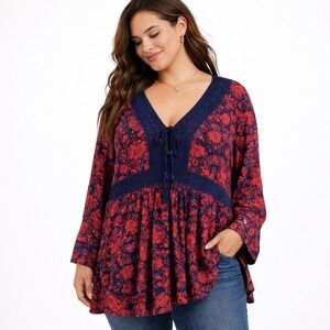 Torrid Boho Babydoll Floral Blouse Tunic Top Women 4X Red Gauze Cottagecore Lace